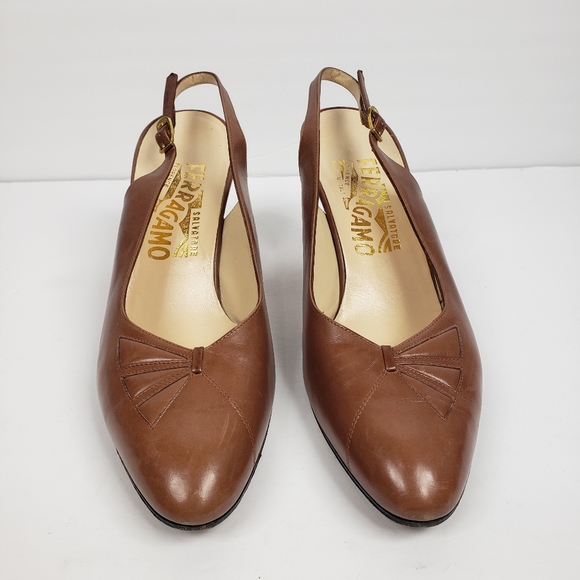 Ferragamo Cognac Brown Leather Slingback Heels 7.5 - Picture 3 of 16